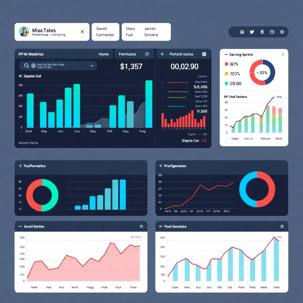 executive business dashboard with KPI metrics, sales charts, performance indicators, professional interface design, modern analytics