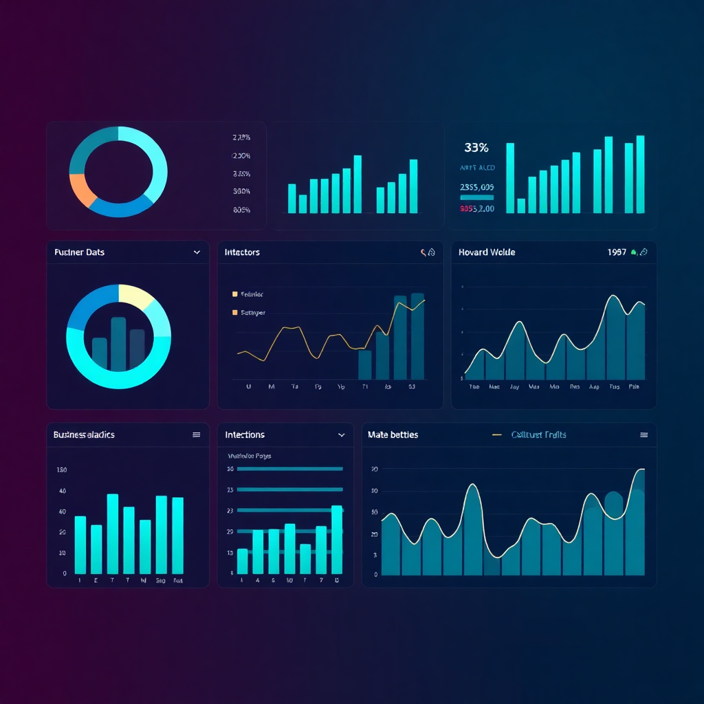modern business dashboard with charts and analytics, corporate data visualization, professional interface design