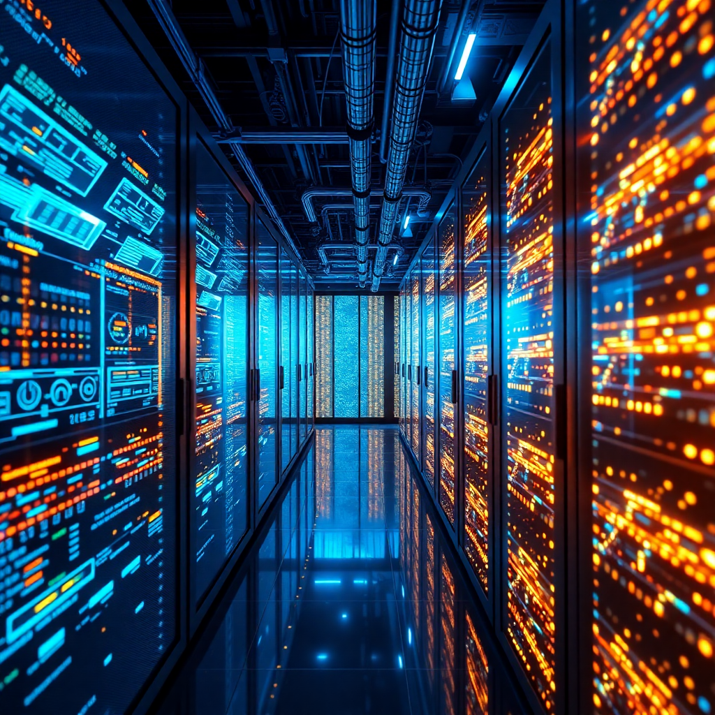 advanced data center with glowing servers, digital data streams, futuristic analytics visualization, blue and gold lighting, corporate technology environment